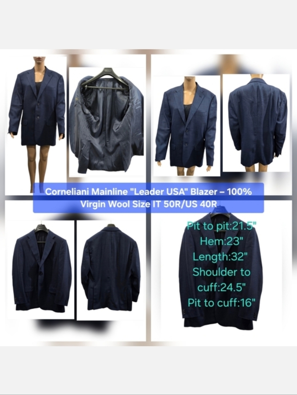 Corneliani Mainline "Leader USA" Blazer – 100% Virgin Wool Size IT 50R/US 40R